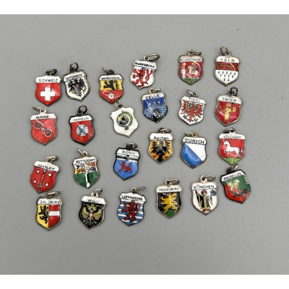 Lot of 24 Vintage 800 Silver REU ANTIKO Enamel European Travel Shield Charms 25g
